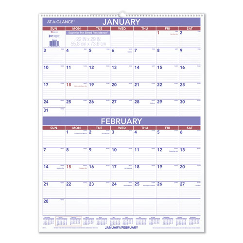AT-A-GLANCE® Two-month Wall Calendar, 22 X 29, White-blue-red Sheets, 12-month (jan To Dec): 2022 freeshipping - TVN Wholesale