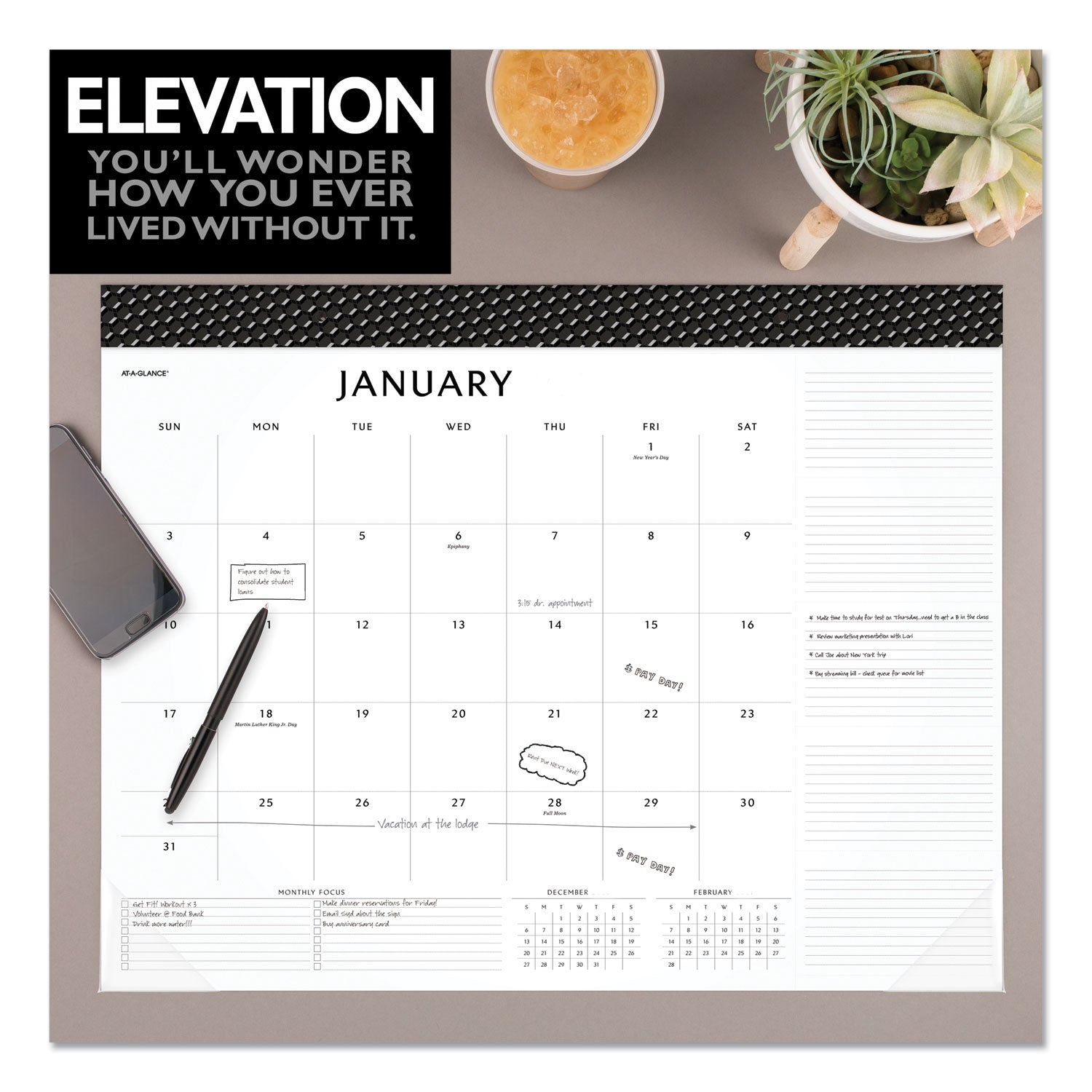 AT-A-GLANCE® Elevation Desk Pad Calendars, 21.75 X 17, White Sheets, Black Binding, Clear Corners, 12-month (jan To Dec): 2022 freeshipping - TVN Wholesale