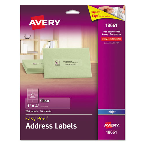 Avery® Matte Clear Easy Peel Mailing Labels W- Sure Feed Technology, Inkjet Printers, 1 X 4, Clear, 20-sheet, 10 Sheets-pack freeshipping - TVN Wholesale