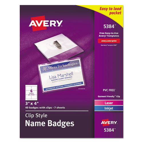 Avery® Clip-style Name Badge Holder With Laser-inkjet Insert, Top Load, 4 X 3, White, 40-box freeshipping - TVN Wholesale
