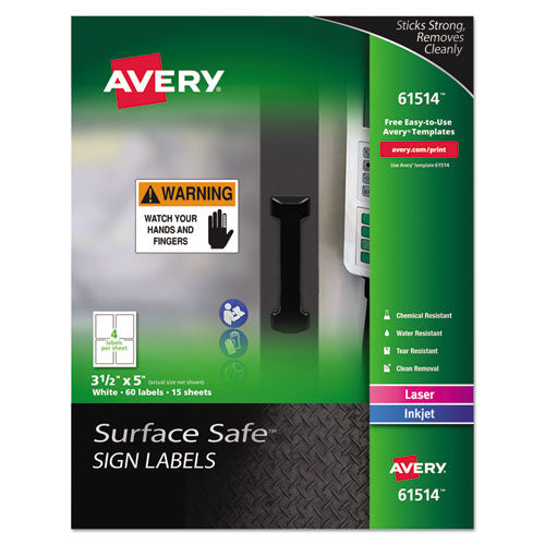 Avery® Surface Safe Removable Label Safety Signs, Inkjet-laser Printers, 3.5 X 5, White, 4-sheet, 15 Sheets-pack freeshipping - TVN Wholesale