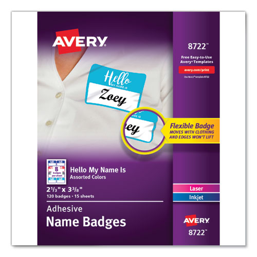 Avery® Flexible Adhesive Name Badge Labels, "hello", 3 3-8 X 2 1-3, Assorted, 120-pk freeshipping - TVN Wholesale