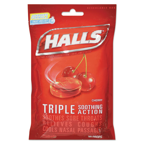 HALLS Triple Action Cough Drops, Cherry, 30-bag, 12 Bags-box freeshipping - TVN Wholesale