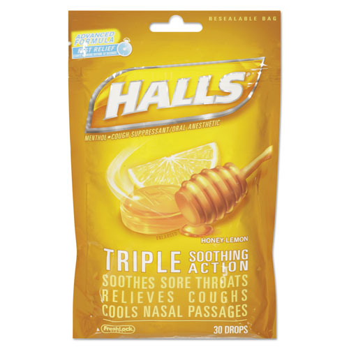 HALLS Triple Action Cough Drops, Honey-lemon, 30-bag, 12 Bags-box freeshipping - TVN Wholesale