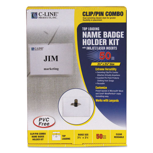 C-Line® Name Badge Kits, Top Load, 3 1-2 X 2 1-4, Clear, Combo Clip-pin, 50-box freeshipping - TVN Wholesale