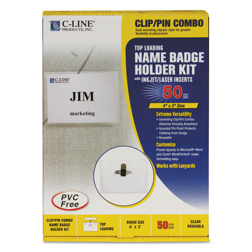 C-Line® Name Badge Kits, Top Load, 4 X 3, Clear, Combo Clip-pin, 50-box freeshipping - TVN Wholesale