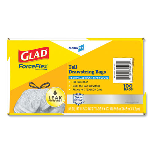 Glad® Forceflex Tall Kitchen Drawstring Trash Bags, 13 Gal, 0.72 Mil, 23.75" X 24.88", Gray, 100-box freeshipping - TVN Wholesale