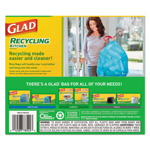 Glad® Tall Kitchen Blue Recycling Bags, 13 Gal, 0.9 Mil, 27.38" X 24", Translucent Blue, 45-box freeshipping - TVN Wholesale