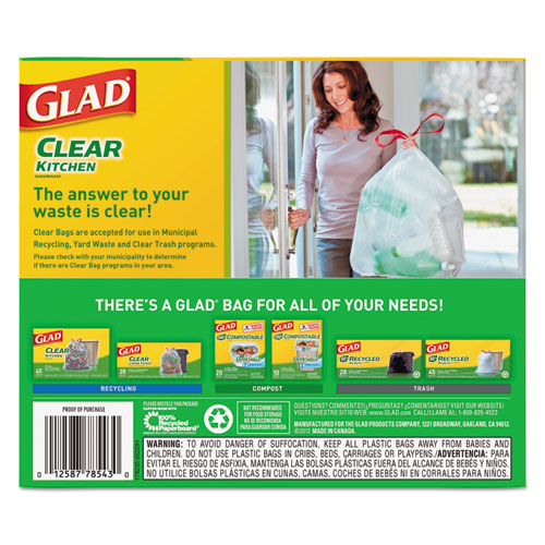 Glad® Recycling Tall Kitchen Drawstring Trash Bags, 13 Gal, 0.9 Mil, 24" X 27.38", Clear, 180-carton freeshipping - TVN Wholesale