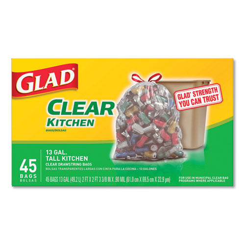 Glad® Recycling Tall Kitchen Drawstring Trash Bags, 13 Gal, 0.9 Mil, 24" X 27.38", Clear, 180-carton freeshipping - TVN Wholesale