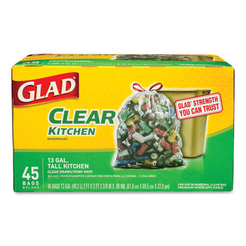 Glad® Recycling Tall Kitchen Drawstring Trash Bags, 13 Gal, 0.9 Mil, 24" X 27.38", Clear, 180-carton freeshipping - TVN Wholesale