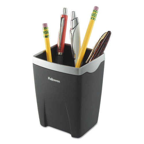 Fellowes® Office Suites Divided Pencil Cup, Plastic, 3 1-16 X 3 1-16 X 4 1-4, Black-silver freeshipping - TVN Wholesale