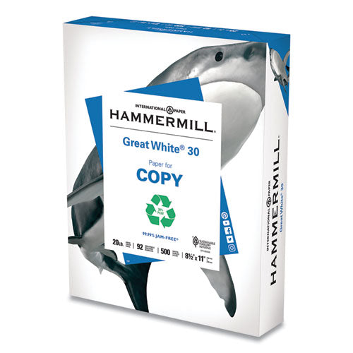 Hammermill® Great White 30 Recycled Print Paper, 92 Bright, 20lb, 8.5 X 11, White, 500 Sheets-ream, 10 Reams-carton, 40 Cartons-pallet freeshipping - TVN Wholesale