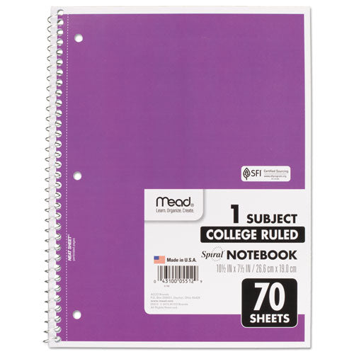 Mead® Spiral Notebook, 3-hole Punched, 1 Subject, Medium-college Rule, Randomly Assorted Covers, 10.5 X 7.5, 70 Sheets freeshipping - TVN Wholesale