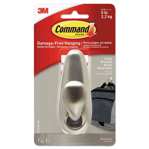 Command™ Adhesive Mount Metal Hook, Medium, Brushed Nickel Finish, 1 Hook And 2 Strips-pack freeshipping - TVN Wholesale
