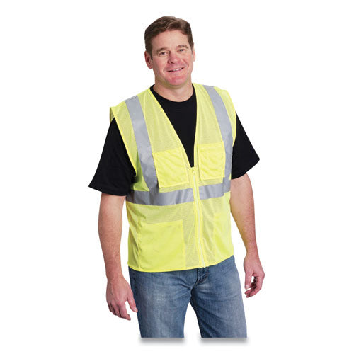 PIP Ansi Class 2 Four Pocket Zipper Safety Vest, Polyester Mesh, X-large, Hi-viz Lime Yellow freeshipping - TVN Wholesale