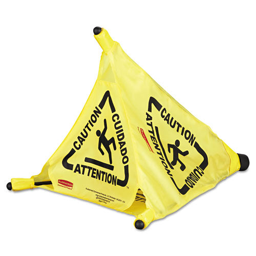 Rubbermaid® Commercial Multilingual Pop-up Safety Cone, 3-sided, Fabric, 21 X 21 X 20, Yellow freeshipping - TVN Wholesale