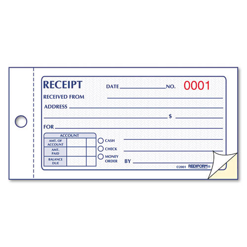 Rediform® Small Money Receipt Book, Two-part Carbonless, 5 X 2.75,  1-page, 50 Forms freeshipping - TVN Wholesale