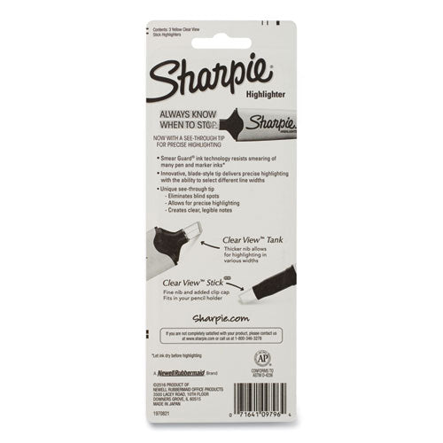 Sharpie® Clearview Pen-style Highlighter, Fluorescent Yellow Ink, Chisel Tip, Yellow-black-clear Barrel, 3-pack freeshipping - TVN Wholesale