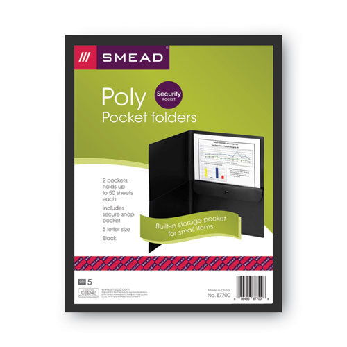 Smead® Poly Two-pocket Folder With Snap Closure Security Pocket, 100-sheet Capacity, 11 X 8.5, Black, 5-pack freeshipping - TVN Wholesale