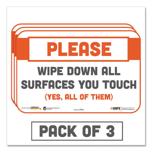 Tabbies® Besafe Messaging Repositionable Wall-door Signs, 9 X 6, Please Wipe Down All Surfaces You Touch, White, 3-pack freeshipping - TVN Wholesale
