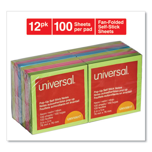 Universal® Fan-folded Self-stick Pop-up Notes, 3 X 3, Assorted Neon-yellow, 100sheet, 12-pk freeshipping - TVN Wholesale