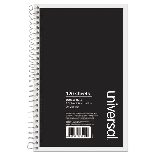 Universal® Wirebound Notebook, 3 Subject, Medium-college Rule, Black Cover, 9.5 X 6, 120 Sheets freeshipping - TVN Wholesale
