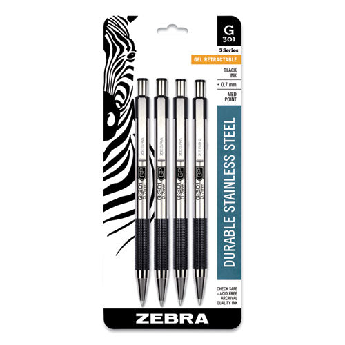 Zebra® G-301 Gel Pen, Retractable, Medium 0.7 Mm, Black Ink, Stainless Steel-black Barrel freeshipping - TVN Wholesale