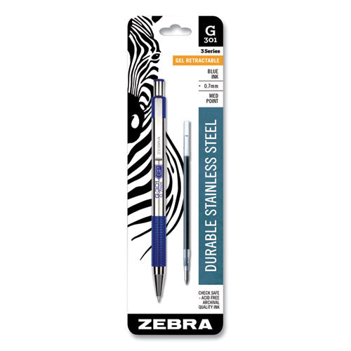 Zebra® G-301 Gel Pen, Retractable, Medium 0.7 Mm, Blue Ink, Stainless Steel-blue Barrel freeshipping - TVN Wholesale